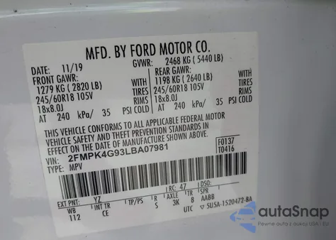 2020 Ford Edge Se из США, поврежденный, VIN 2FMPK4G93LBA07981